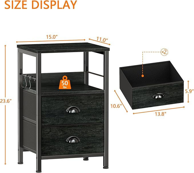 Furologee Nightstands Set 2, Night Stand with 2 Fabric Drawers, Bedside Tables with Open Shelf, Wooden Top, Hooks, Backboard Design, Metal Frame, End Tables for Bedroom/Living Room/Study/Black Oak