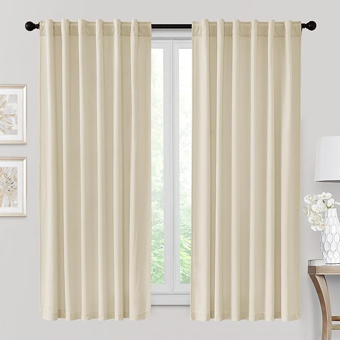 RYB HOME Beige Velvet Curtains 72 inches Length - Thermal Insulated Noise Reducing Panel Soft Vertical Sense Window Decor for Cottage Farmhouse, Width 52 x Length 72 inch, Beige, 2 Panels