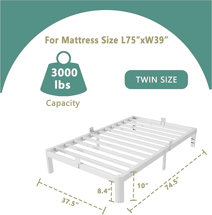 ITIMIDI 10 Inch White Bed Frame Twin Size with Metal Gaskets, Metal White Platform Bed Frame, No Box Spring Needed, Heavy Duty Steel Support 3000 LBS, Anti-Slip Mattress Stopper, Easy Assembly