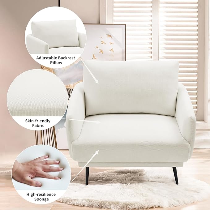 Oversized Accent Chair for Living Room Cozy Reading Chairs Mid-Century Modern Accent Chairs Armchair with Metal Legs Single Sofa Chair for Home Office (Set-of-2, Polyester Fabric- Pearly White)