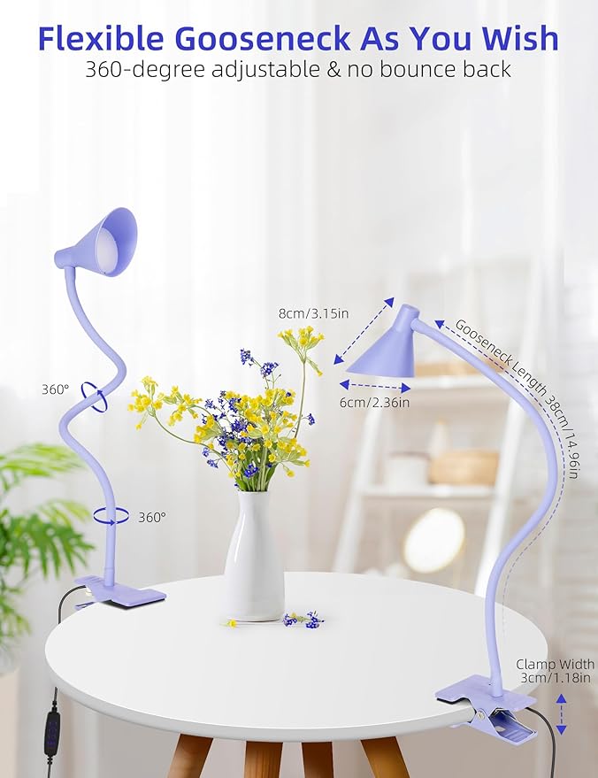 Clip on Light USB Reading Light, Eye Care Dimmable Reading Lamp Flexible Gooseneck Clip on Lamp for Bed Headboard Desk Bedside Dorm - Purple