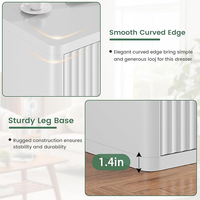 Fluted 6 Drawers Double Dresser, White Dresser for Bedroom, Modern Chest of Drawers with Handleless, Curved Profile Dressers TV Stand, Wood Storage Organizer for Living Room, Hallway