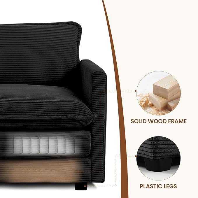 ROWHY Single Armchair with Ottoman, Modern Corduroy Cloud Couch with Convertible Chaise, Upholstered Sofa Set for Living Room, Black
