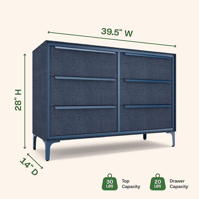 Naima Premium Fabric Dresser - Strong Metal Frame, 6 Spacious Sag-Proof Drawers with Sleek Metal Handles - Premium & Durable Storage Solution for Your Home (Navy)