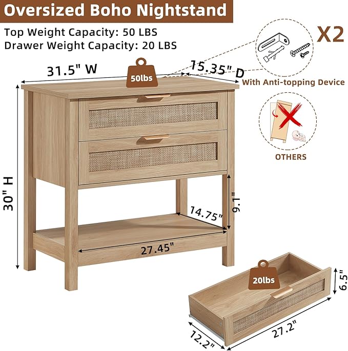 LEYAOYAO 31.5" Wide Rattan Night Stand, Oversized Large Boho Nightstand with 2 Drawer, Natural Wood Bed Side End Tables with Storage Shelf, Tall Bedside Table for Bedroom Living Room, Hallway
