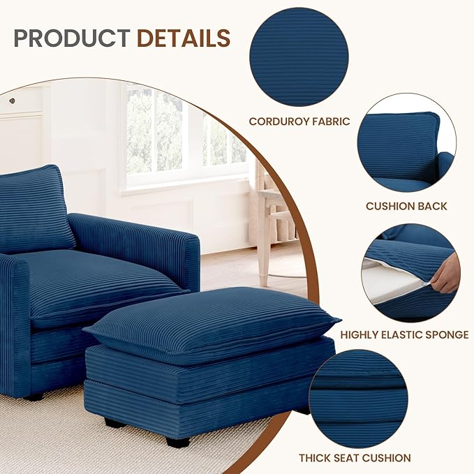 ROWHY Single Armchair with Ottoman, Modern Corduroy Cloud Couch with Convertible Chaise, Upholstered Sofa Set for Living Room and Office, Blue