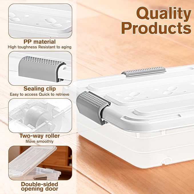 4 PCS*49 Qt Wheeled Latching Under Bed Storage, Double Opening Lids Stackable Bin with Latch Lid, Plastic Container to Organize Shoes Underbed, Clear with White Lid(White)