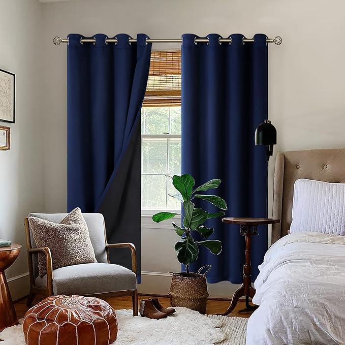 BGment Thermal Insulated 100% Blackout Curtains for Bedroom with Black Liner, Double Layer Full Room Darkening Noise Reducing Grommet Curtain (52 x 84 Inch, Navy Blue, 2 Panels)