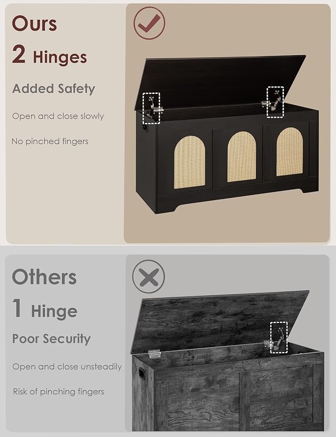DINZI LVJ Storage Chest, 39.4" Rattan-Like Storage Box with 2 Safety Hinges, Wooden Entryway Shoe Bench with Flip-Top, Bedroom, Easy Assembly, Espresso and Natural