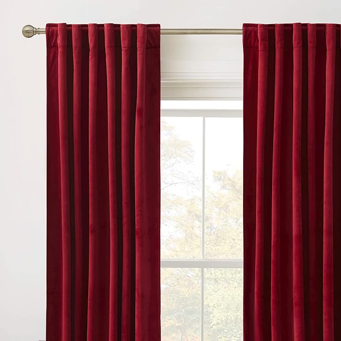 RYB HOME Red Velvet Curtains 92 inches, Back Tab Soft Fabric Room Darkening Thermal Insulated Luxurious Home Decor Curtains for Living Room Bedroom, W 52" x L 92", 2 Panels Set