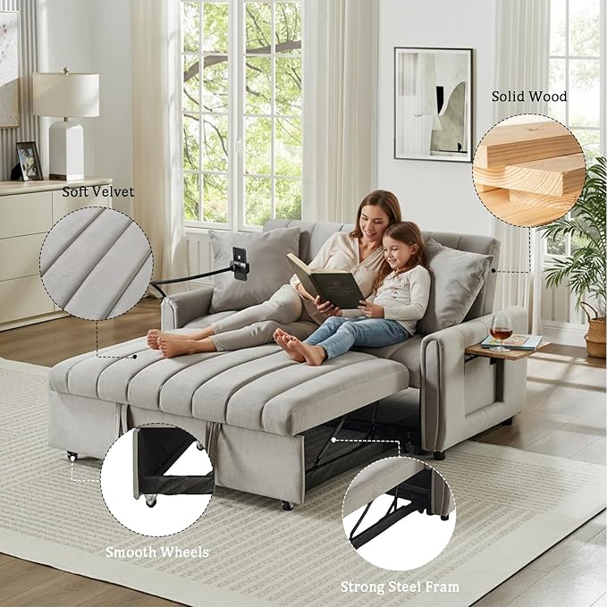 3 in 1 Convertible Sleeper Sofa Bed, Pull Out Couch Bed with USB Ports, Foldable Tables & Phone Stand, Adjustable Backrest Velvet Loveseat Futon Couch for Living Room Bedroom Samll Space (Solid Grey)