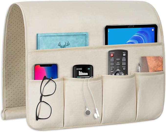 WETRBWEH Remote Control Holder for Armchair，Couch Caddy Organizer TV Remote Holder for Bed Storage 5 Pockets，Remote Caddy Bedside Organizer Bedside Table Organizer (Beige, 35''x18'')