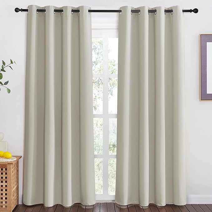 NICETOWN Blackout Natural Curtain for Living Room - Grommet Thermal Insulated Solid Room Darkening Thermal Curtain Drape Sound Reducing for Bedroom (1 Panel, W46 x L80)