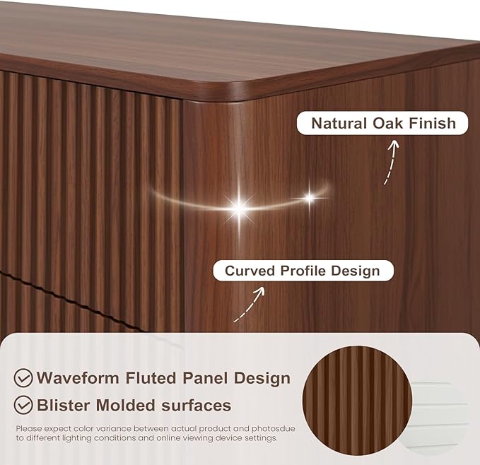 Fluted 5 Drawers Dresser for Bedroom, 47" Tall Handleless Chest of Drawers with Faux Marble Top, Curved Profile Design, Wood Drawer Organizerfor forLiving Room, Hallway, Entryway, Walnut