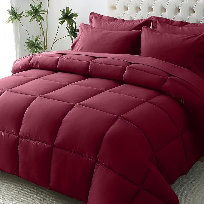 JOLLYVOGUE Full Comforter Set, Ultra-Soft Bed in a Bag Full Size 7 Pieces, Oeko-TEX Certified Bedding Set with Down Alternative Comforter, Sheets, Pillowcases & Shams, Burgundy
