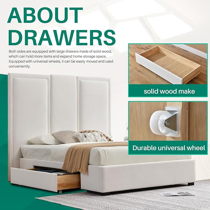 YUHUASHI Queen Size Bed Frame with 64-inch High Headboard, Simple and Airy Linen Upholstered Platform Bed with Storage Drawers, Wood Slat, No Noise (White, Queen (U.S. Standard))