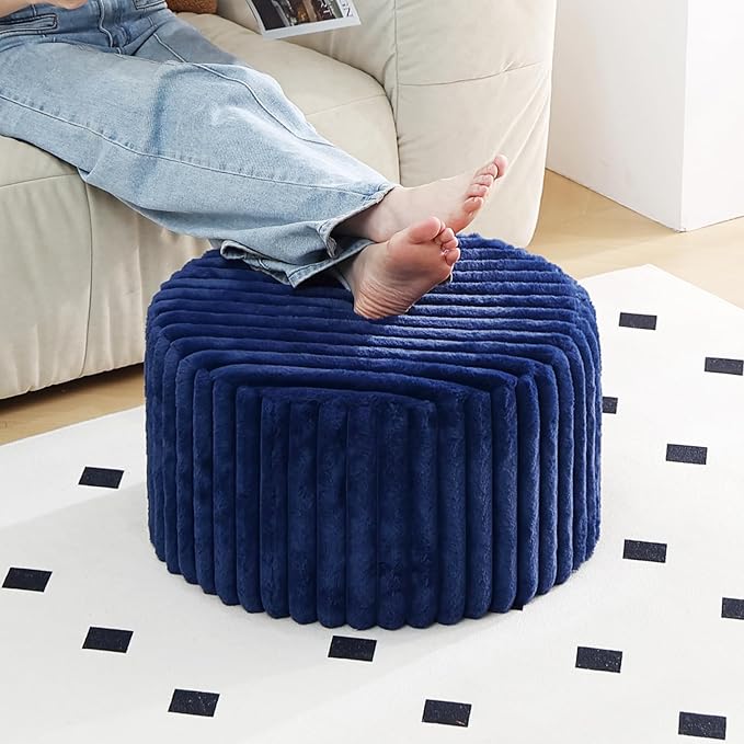 Tiita Round Stuffed Pouf Ottoman, Stripe Faux Fur Poufs with Foam Chunk Filling, Furry and Fluffy Pouf 21×21×12 inch Foot Stool Storage Ottoman,Puff Office Foot Rest for Couch Living Room, Navy Blue