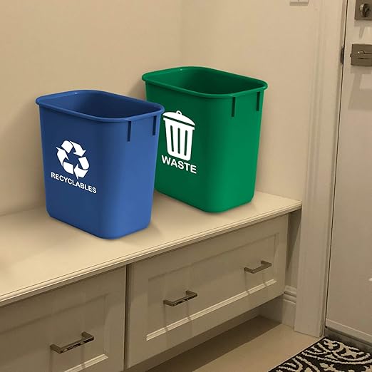 Acrimet Wastebasket Bin for Recycling and Waste, 3.25 Gallon/ 13 Quart/ 12 Liter (Plastic) (Green and Blue) (Set of 2)