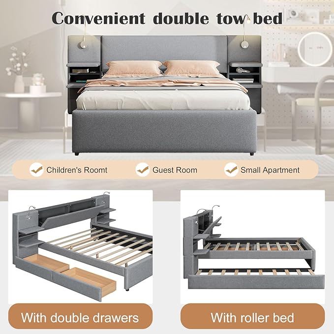 Luxury Queen Bed Frame,Queen Size Trundle Bed Frame with 2 Storage Drawers,Reading Lights, Storage Headboard,Storages Rack,Queen Size Linen Upholstered Platform Bed for Bedroom (Gray, Queen)