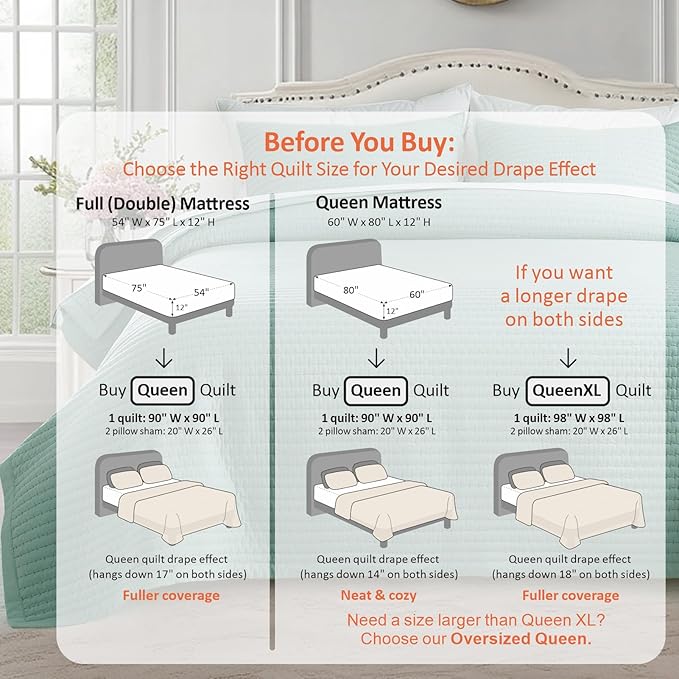 KASENTEX Queen Quilt Set 90"x90" – Soft Washed 3-Layer Lightweight Bedspread, Minimalist Nordic Design, All-Season Spring & Summer Quilt Set (1 Quilt + 2 Pillow Shams), Green