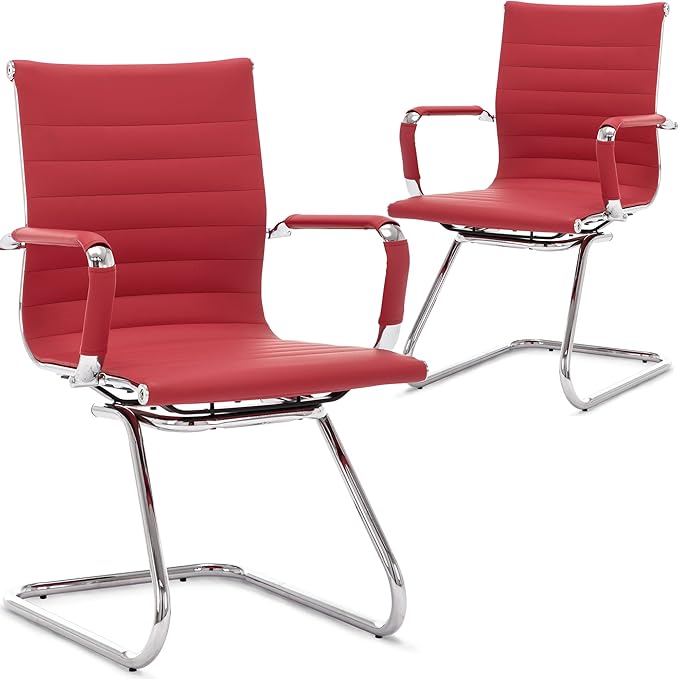 Wahson Office Guest Chairs Set of 10, Leather Reception Chairs, Mid Back Waiting Room Chair, Conference Chairs with Sled Base, Desk Chair No Wheels for Meeting/Lobby/Restroom, Dark Red