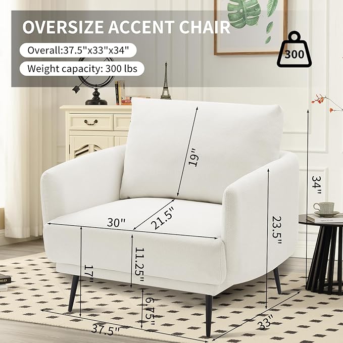 Oversized Accent Chair for Living Room Cozy Reading Chairs Mid-Century Modern Accent Chairs Armchair with Metal Legs Single Sofa Chair for Home Office (Set-of-2, Polyester Fabric- Pearly White)
