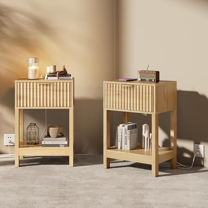 Night Stand Set 2, Fluted Nightstand with Charging Station, Wood Bedside Table with Drawer & Storage Shelf, Modern End Tables for Bedroom Sofa Couch Office, Natural Oak