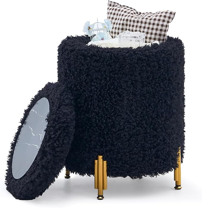 Mxfurhawa Round Ottoman Foot Stool with Storage and Metal Legs for Living Room Bedroom, Velvet Upholstered Footrest Stool Support 300lbs Modern Padded Seat Ottoman Coffee Table (Black-Long Wool)