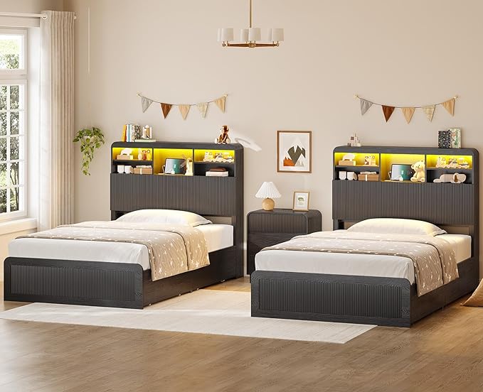 AOGLLATI Twin Bed Frames with 4 Storage Drawers and Hidden Storage Headboard, Black Led Fluted Twin Bed with Charging Station and Curved Profile Design, Noiseless,No Box Spring Needed, Black