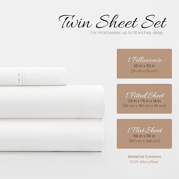 Linen Market Brushed Microfiber Twin Sheet Set 3 Piece – Oeko-TEX Certified Ultra Soft & Wrinkle-Free - 16" Deep Pocket Sheets - Easy Care Twin Size - White
