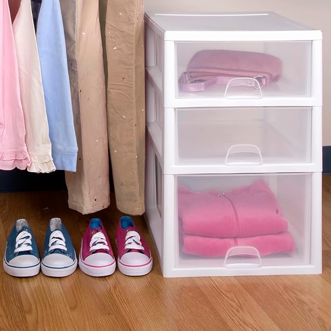 Sterilite 18-Pack 16 Quart Stacking Drawer, Clear Storage Closet Organizer, White Frame - Stackable Modular Plastic Drawers for Clothes, Accessories, Craft Supplies, Shoes or Linens