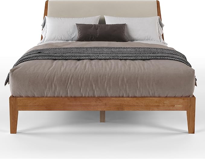 DG Casa Vandermark Solid Wood Easy Install Queen Bed Frame with Unique Headboard and Wooden Slat Support Included No Box Spring Required - Beige Walnut