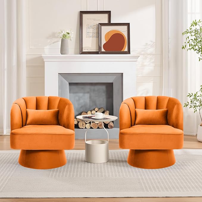 GarveeHome Modern Swivel Barrel Accent Chair, 360° Velvet Upholstered Armchair with Striped Backrest & Plush Padding, Comfy Round Lounge Chair (1, Orange + Velvet)
