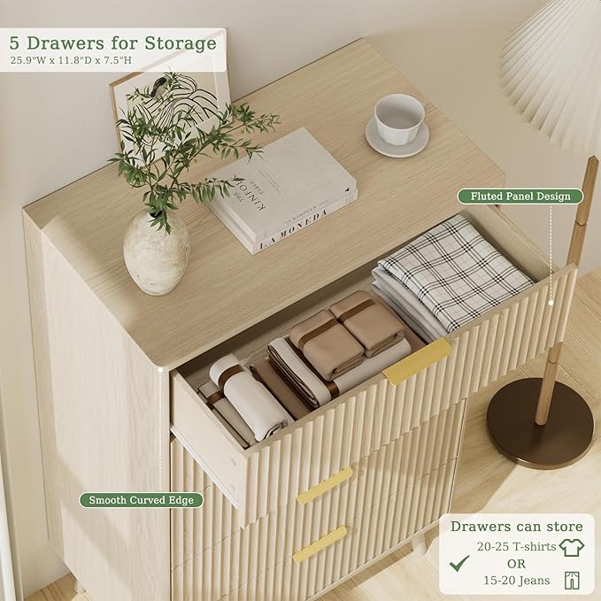 LYNSOM Fluted Dresser and Nightstand Sets 3 Piece, 5-Drawers Dresser and 1-Drawer Nightstands Set of 2, Wood Bedroom Furniture Set for Home, Bedroom, Hallway, Beige