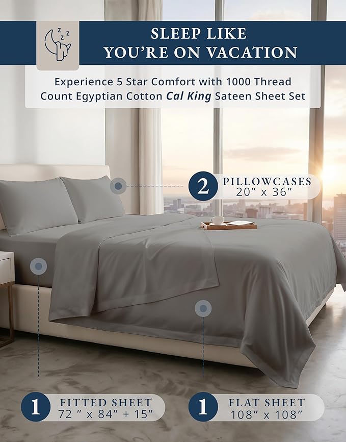 LANE LINEN 100% Egyptian Cotton California King Sheets Set - 1000 Thread Count, Soft & Comfy No Pill Fade Resistant Oeko-Tex Certified Cotton Sheets Cal King Size Set, 15" deep Pokcet Sheets- Charcoal