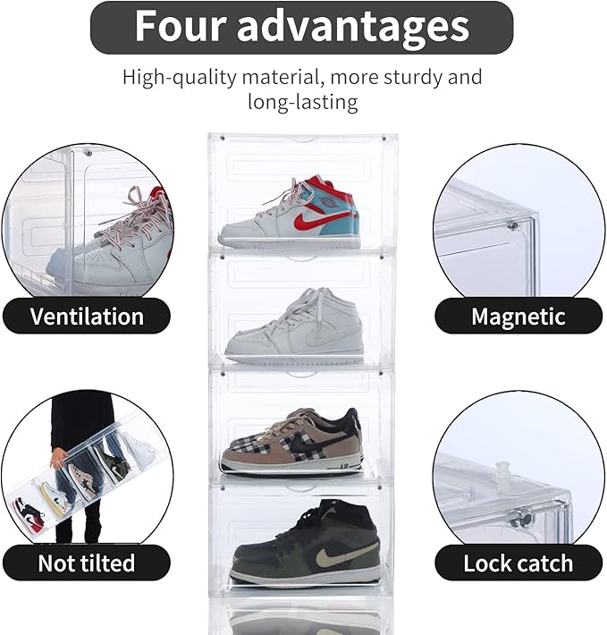8 PACK XL Shoe Storage Box,Drop Side Sneaker Display Case,Shoe Boxes Clear Plastic Stackable 13.4”x 10.6”x 8.3” Fit up to US 13 (Clear 8Pack)