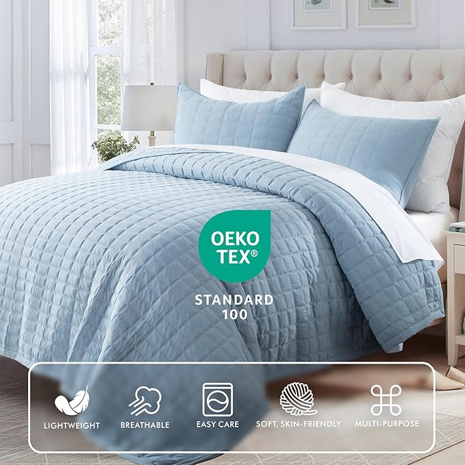 KASENTEX Queen XL Quilt Set 98"x98" – Soft Washed 3-Layer Lightweight Bedspread, Minimalist Nordic Design, All-Season Spring & Summer Quilt Set (1 Quilt + 2 Pillow Shams), Grey Blue