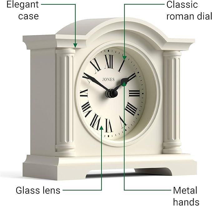 JONES CLOCKS® Kensington Mantel Clock | Classic Arch top Clock | Pale Cream | Stylish & Contemporary | Ideal for Desk, Mantelpiece, Bookshelf or Bedside
