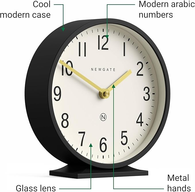 NEWGATE® Q Mantel Clock | Modern Classic Round Mantel Clock | Black | Contemporary Style for Mantel, Desk, Table, Shelf or Bedside
