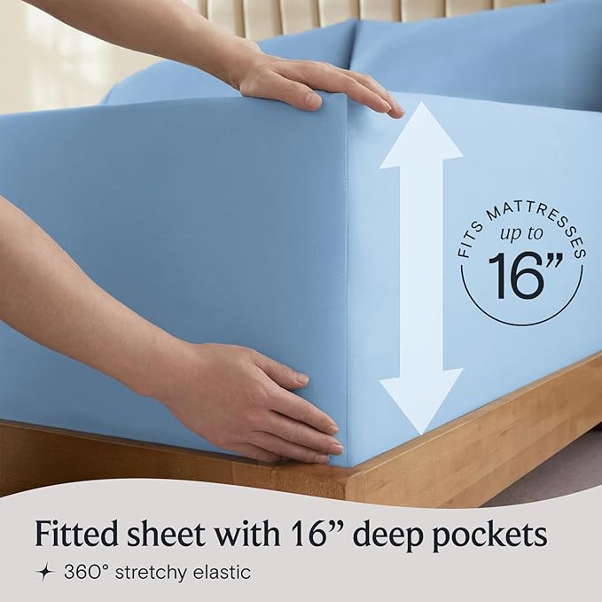 LuxClub 5 PC Split King Sheet Set, Deep Pockets Wrinkle Free Cooling Bed Sheets Hotel Bedding for Women, Men, Includes 2 Fitted Sheet, 1 Flat Sheet and 2 PillowcasesSoft Sky