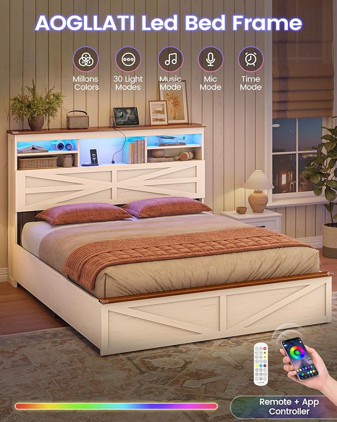 AOGLLATI Farmhouse Bed Frame Queen Size with Lift Up Storage & Hidden Bookcase Storage Headbord, Wood Queen Bed Frame with Charging Station, Led Lights, No Box Spring Needed, Antique White