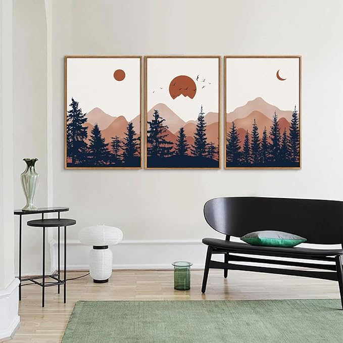 YeeHomedec Large Boho Mountain Framed Canvas Wall Art, Mid Century Modern Wall Decor, Nature Sunset Landscape Art Painting, Wood Pine Trees Artwork for Living Room Bedroom Office Farmhouse 16"x24"x3
