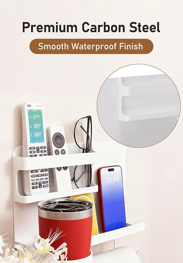 Bedside Wall Organizer Metal Shelf with Cup & Tissue Holder – Waterproof Wall Storage Rack for Dorm Room, Bathroom, Kitchen, and Office (White)