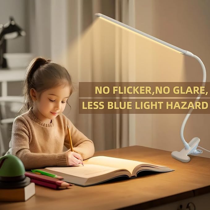 Desk Lamp with Clamp, Long Flexible Arm Clip on Lamp for Kids Reading in Bed, Easel, Make Up, Sewing Craft, Nail Tech Lamp, 3 Color Modes & 10 Brightness Levels