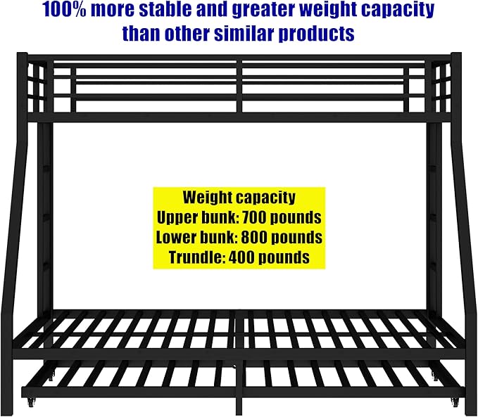 SIGONE Stronger & Safer Heavy Duty Twin XL Over Queen Bunk Bed with Twin Trundle for Adults Teens, Thickened More Stable Metal Bunkbed Frame (Greater Weight Capacity)