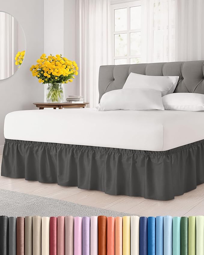 Wrap Around Dust Ruffle Bed Skirt - Charcoal - Twin/Twin XL Size Beds w/ 15 Inch Drop - Easy Fit Elastic Strap - Adjustable Pleated Bedskirt w/Brushed Fabric - Wrinkle Free - Women, Men, Kids & Teens