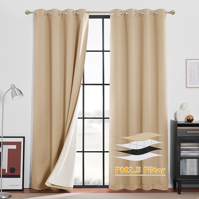 RYB HOME Soundproof & Dust Particle Filtering Curtains Blackout Window Treatment for Bedroom Living Room Divider Nursery Daytime Sleeping Patio Door, Biscotti Beige, W52 x L 102 inch, 2 Panels