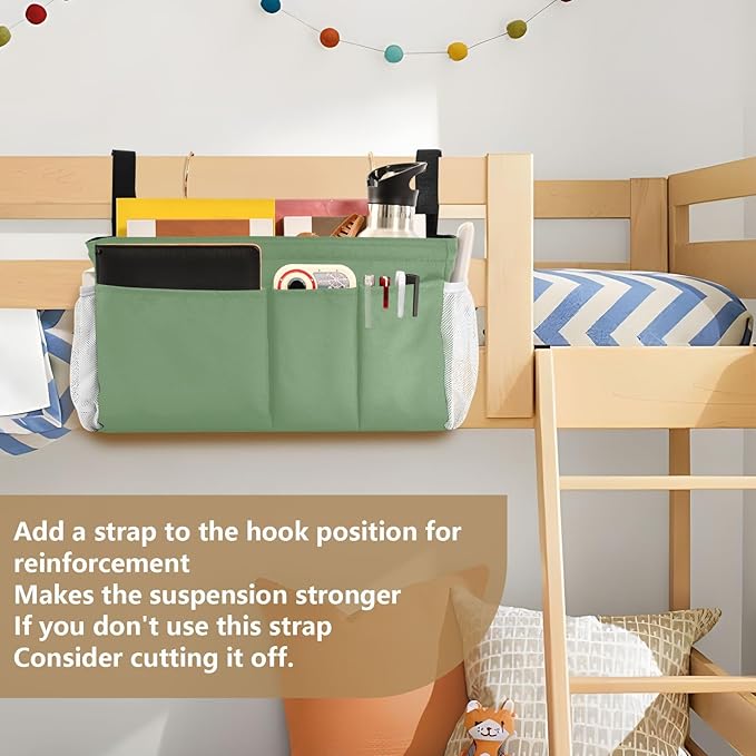 KOPIRIT Blue Gray Bedside Caddy Storage Bag Bedside Organizer for College Dorm Top Bunk Bed Hanging Bag Bedside Shelf 6 Pockets with Hooks for Drinks Magazine Phone Holder