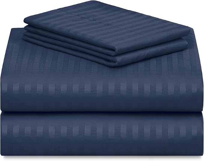LuxClub 4 PC King Sheet Set, Deep Pockets Wrinkle Free Cooling Bed Sheets Hotel Bedding for Women, Men, Includes 1 Fitted Sheet, 1 Flat Sheet and 2 Pillowcases-Striped - Navy