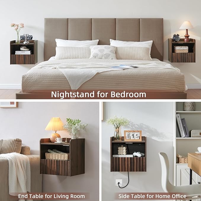 Modern Fluted Floating Nightstand Wall Mounted - Bedside Table with Storage Drawer & Display Shelf, Minimalist Bedroom Furniture for Studio Apartments(Walnut)